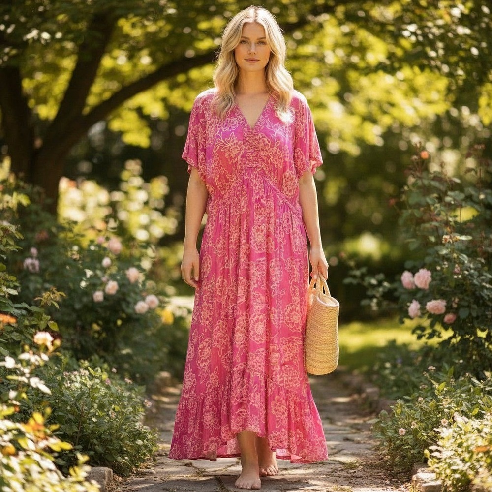 Lane Bryant Pink Floral V-Neck Smocked Empire Waist Maxi Dress 22/24 Plus Size